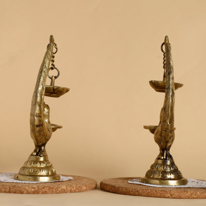 Peacock Brass Oil Lamp – Traditional Table Diya with Hanging Bell | Handcrafted Aarti Deepak for Pooja & Home Décor