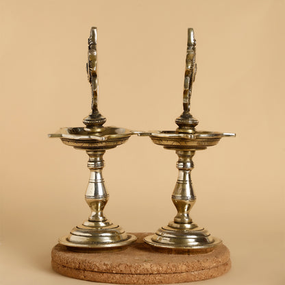 Brass Shankh Design Panchmukhi Diya – Five-Wick Oil Lamp for Pooja & Festive Décor