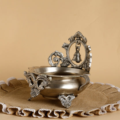 Antique-Style Silver Brass Urli Bowl with Bell – Decorative Floral Vessel for Pooja & Festive Gifting