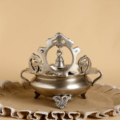 Antique-Style Silver Brass Urli Bowl with Bell – Decorative Floral Vessel for Pooja & Festive Gifting