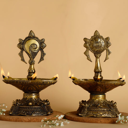 Set of 2 Panchmukhi Brass Oil Lamps – Traditional Five-Spout Diyas for Puja & Festive Décor