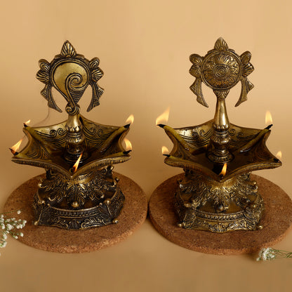 Set of 2 Panchmukhi Brass Oil Lamps – Traditional Five-Spout Diyas for Puja & Festive Décor