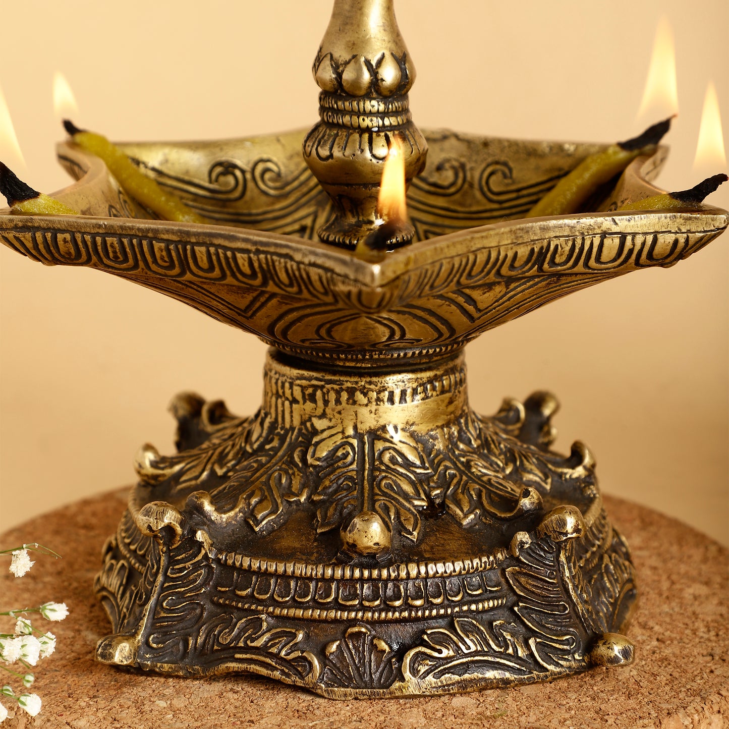 Set of 2 Panchmukhi Brass Oil Lamps – Traditional Five-Spout Diyas for Puja & Festive Décor