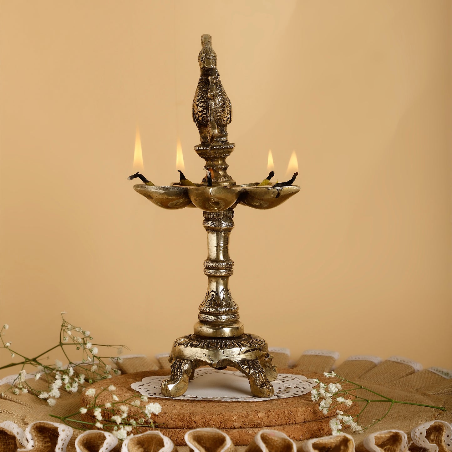 Brass Peacock Design 5-Wick Oil Diya – Traditional Lamp for Home, Temple & Gifting