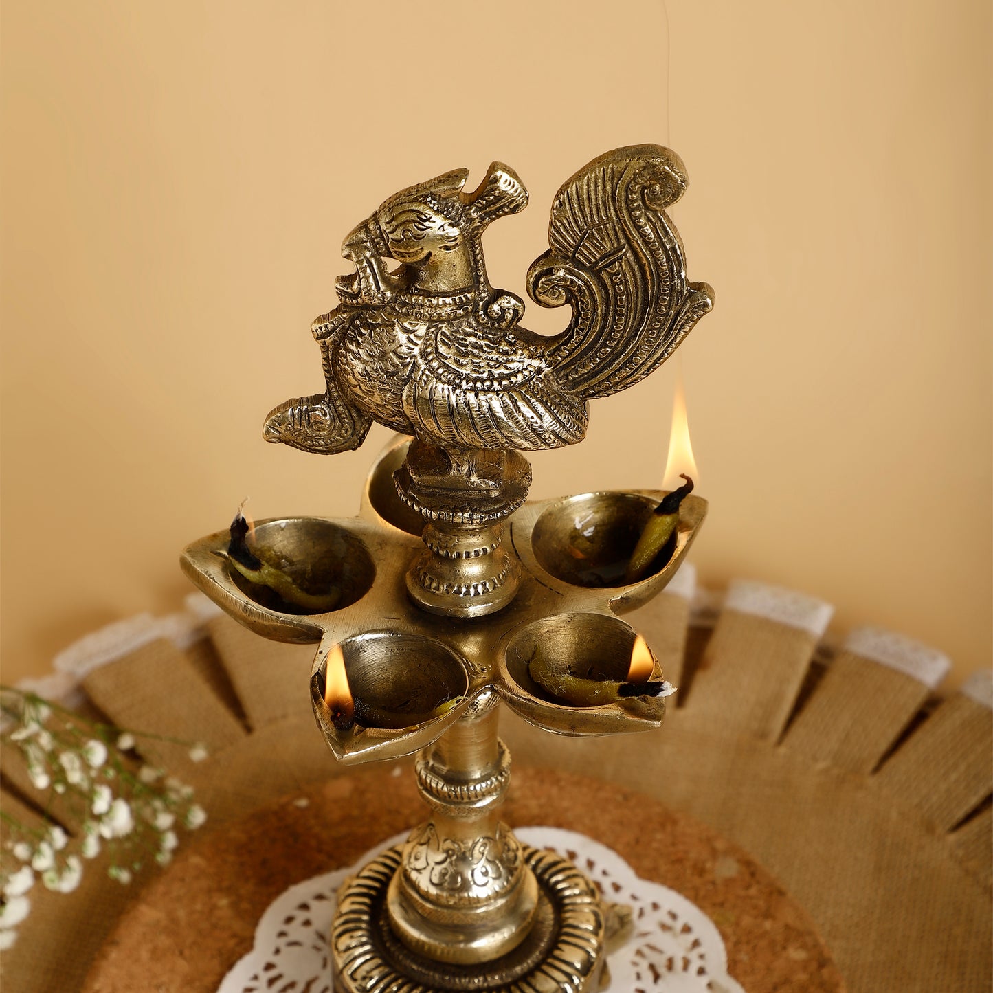 Brass Peacock Design 5-Wick Oil Diya – Traditional Lamp for Home, Temple & Gifting