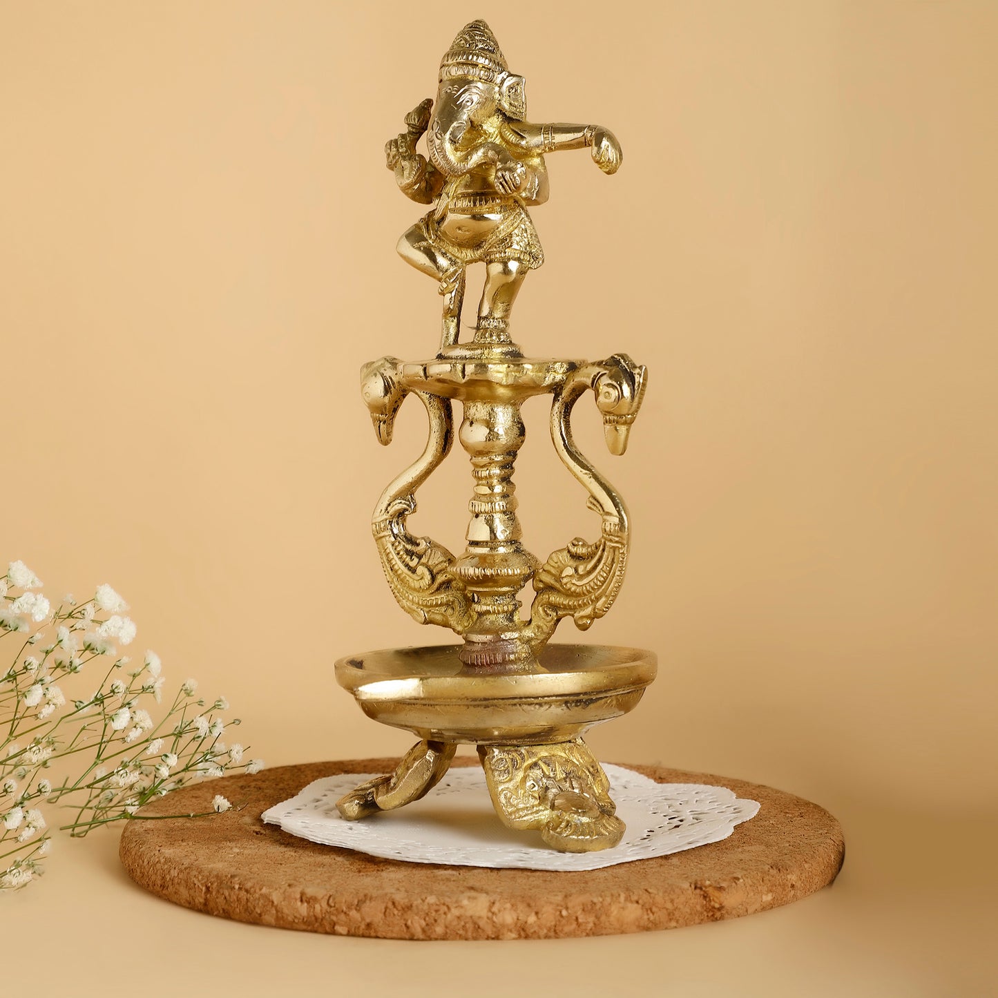 Brass Dancing Ganesh Diya with Base – Decorative Oil Lamp for Pooja & Festive Decor