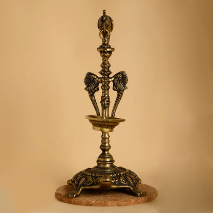 Brass Hanging Diya with Parrot and Turtle Base – Antique Temple-Style Oil Lamp