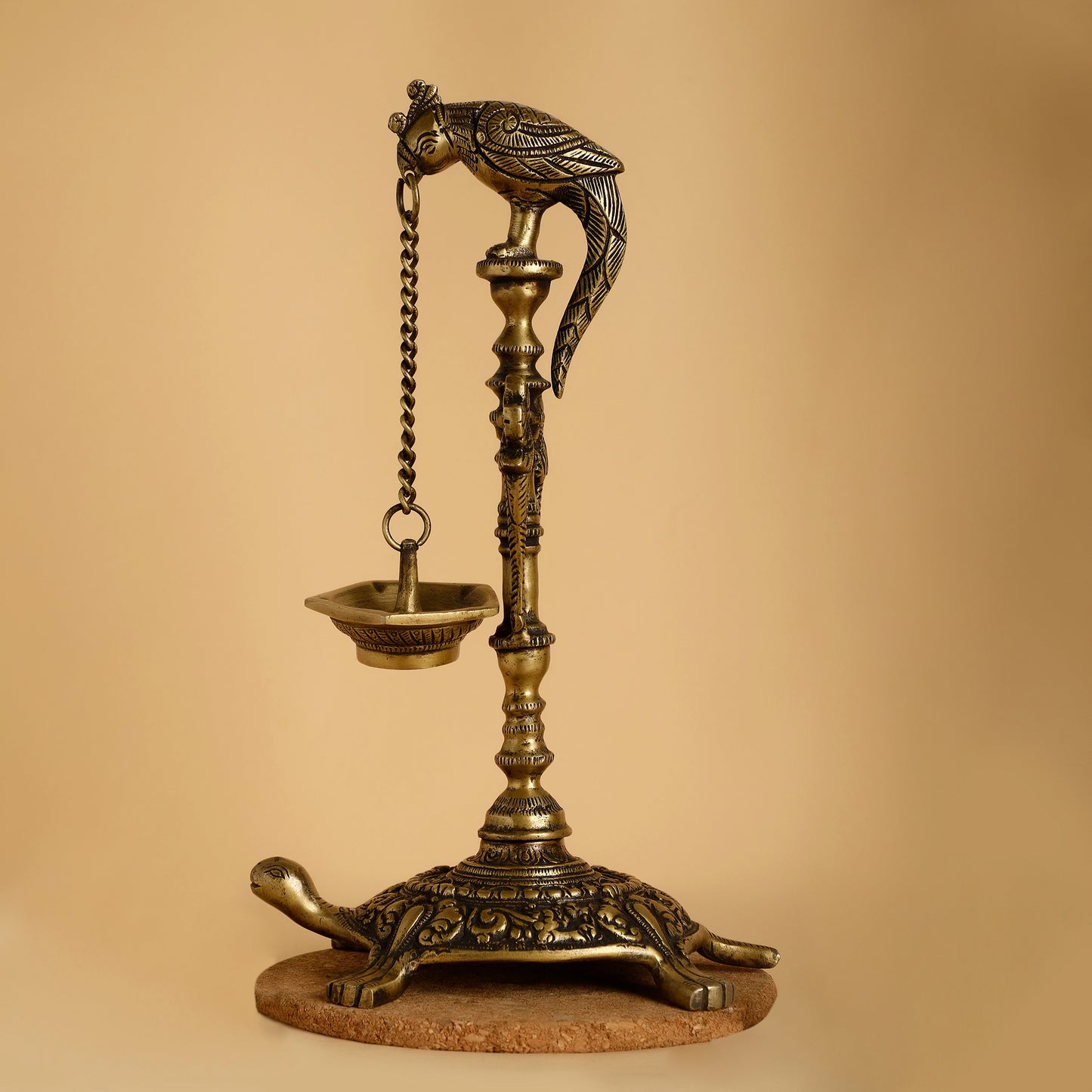 Brass Hanging Diya with Parrot and Turtle Base – Antique Temple-Style Oil Lamp