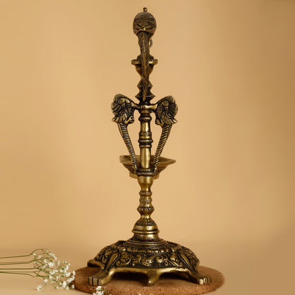 Brass Hanging Diya with Parrot and Turtle Base – Antique Temple-Style Oil Lamp
