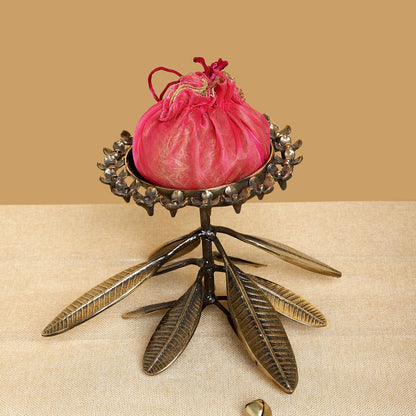 Handcrafted Brass Pedestal Bowl with Leaf Base – Ethnic Floral Serveware & Pooja Decor Centerpiece
