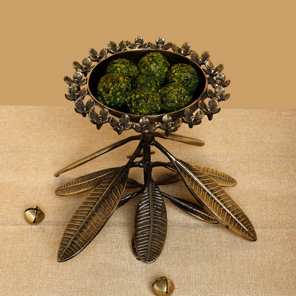Handcrafted Brass Pedestal Bowl with Leaf Base – Ethnic Floral Serveware & Pooja Decor Centerpiece