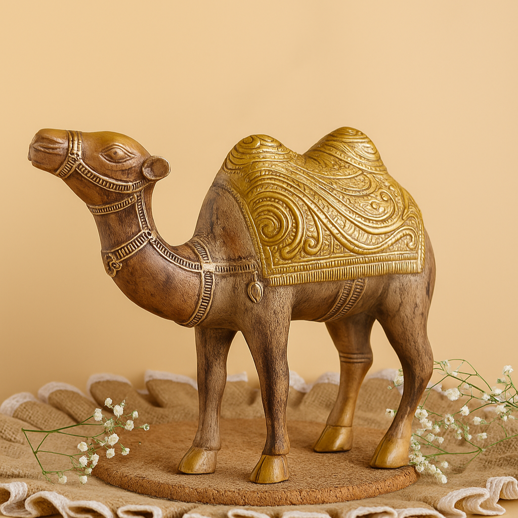 Decorative camel sculpture with gold accents on a beige background