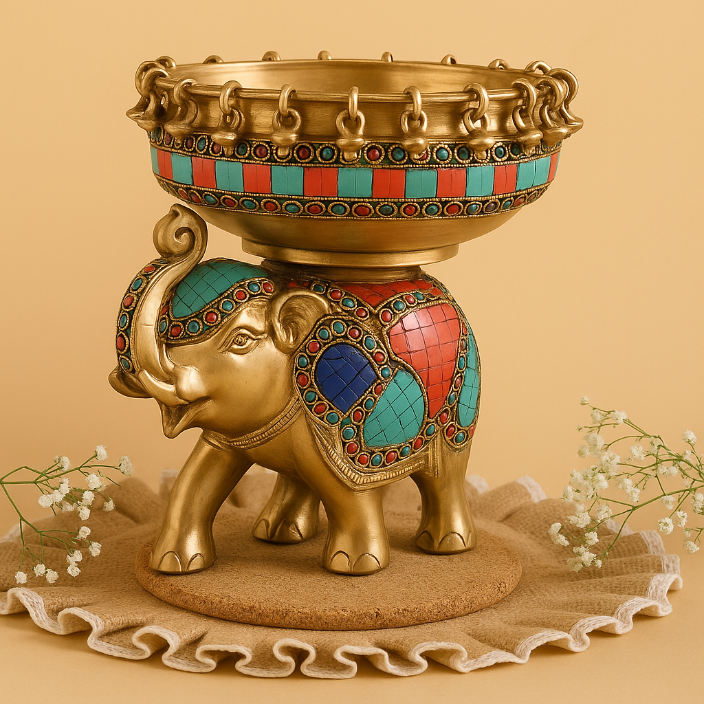 Traditional Brass Elephant Urli with Hanging Bells – Auspicious Home & Festive Décor Bowl