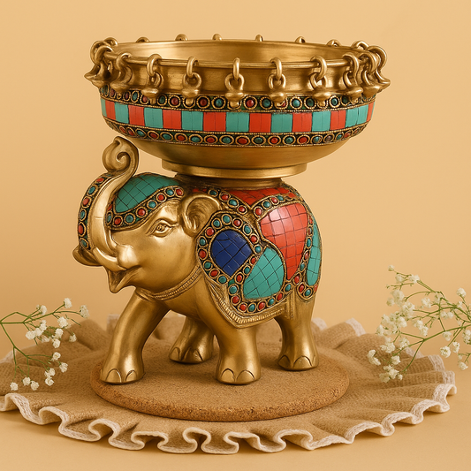 Traditional Brass Elephant Urli with Hanging Bells – Auspicious Home & Festive Décor Bowl