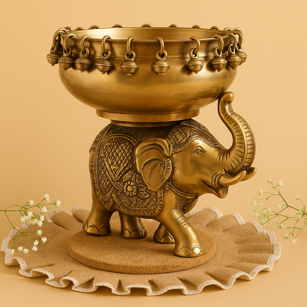Brass elephant with a bowl on a beige background