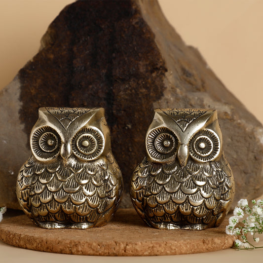 Two bronze owl figurines on a wooden surface with a stone background