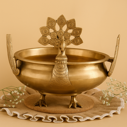 Bronze bowl with decorative peacock finial on a beige background