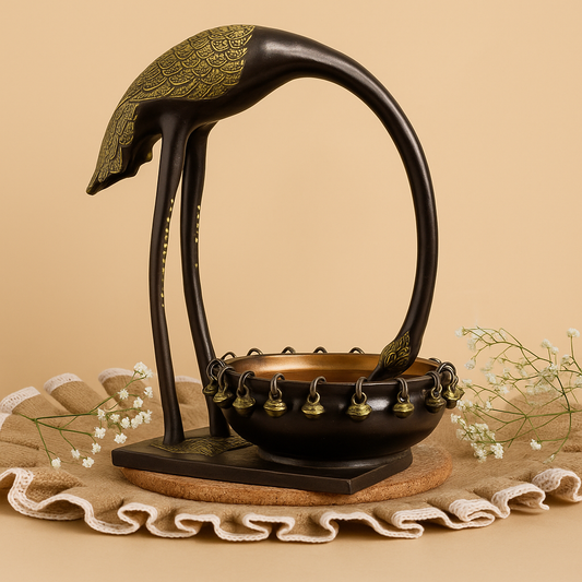 Decorative flamingo-shaped holder with a bowl on a beige background
