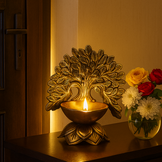 Decorative gold tree-shaped lamp with a lit candle on a wooden surface next to a small vase of flowers.